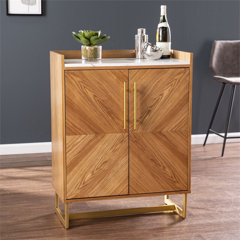 SEI Furniture Trilken Bar Cabinet with Storage in Brown/White Faux Marble
