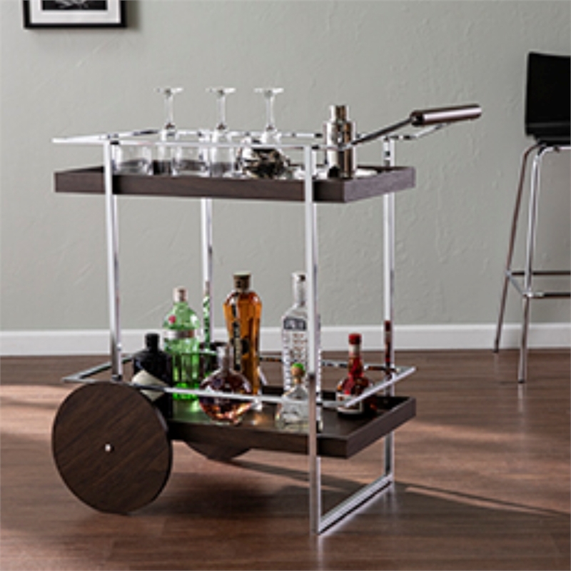 Southern Enterprises Dorben Wood and Iron Rolling Bar Cart in Brown