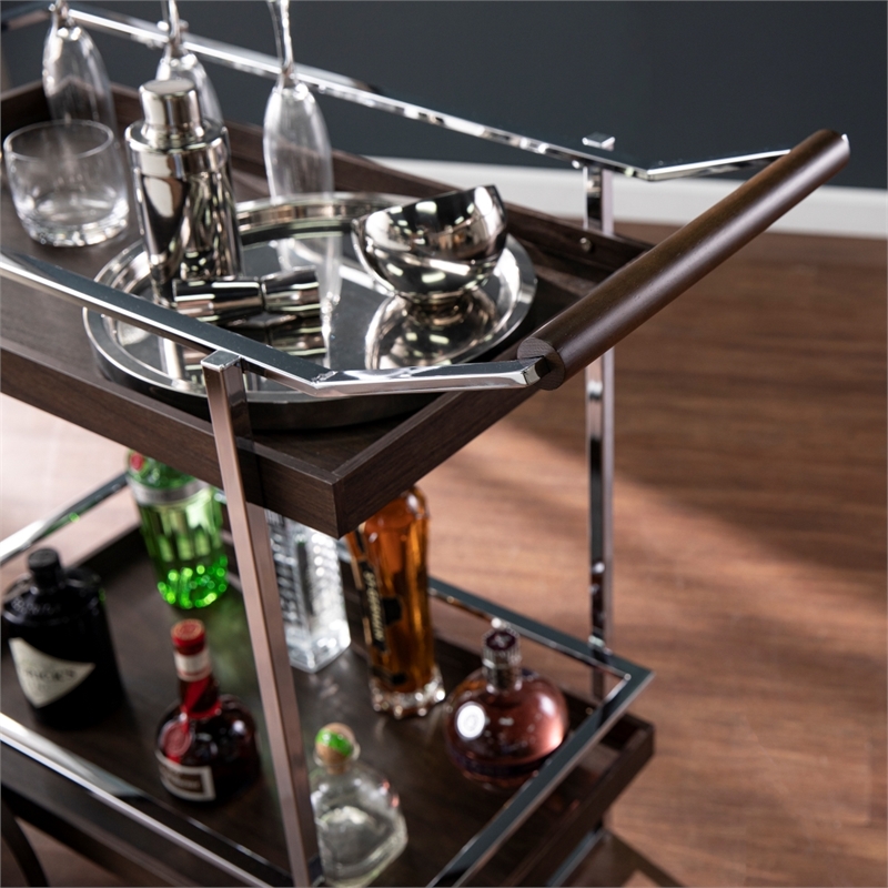 Southern Enterprises Dorben Wood and Iron Rolling Bar Cart in Brown