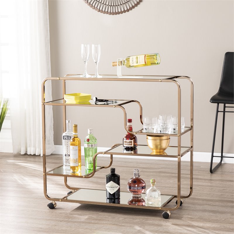SEI Furniture Maylynn Art Deco Bar Cart in Mirrored Shelves/Champagne