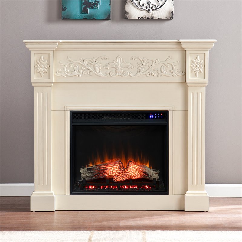 SEI Furniture Calvert Carved Touch Screen Electric Fireplace in Creamy Ivory