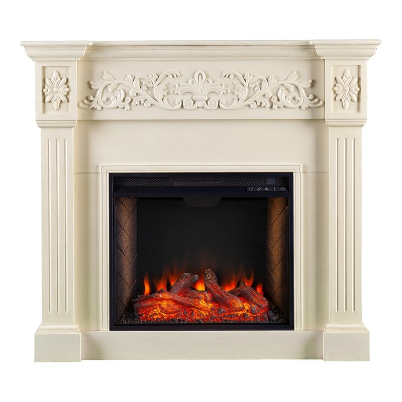 SEI Furniture Calvert Smart Electric Fireplace in Creamy Brushed Ivory