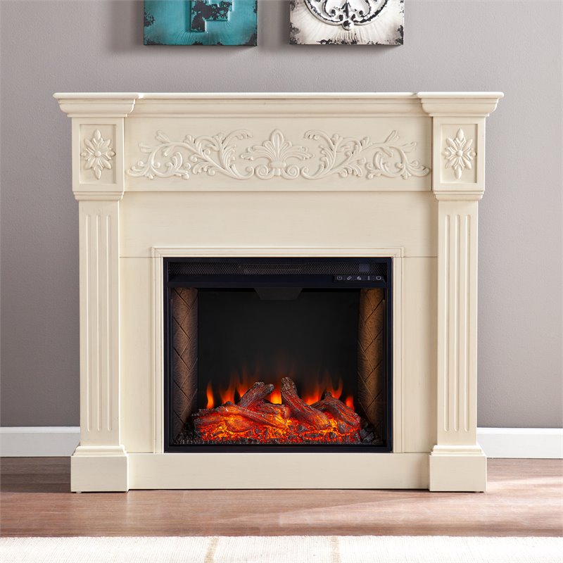 SEI Furniture Calvert Smart Electric Fireplace in Creamy Brushed Ivory