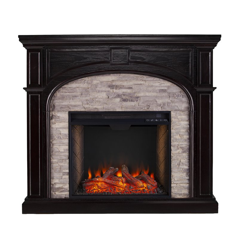SEI Furniture Tanaya Faux Stone/Engineered Wood Smart Fireplace in Ebony Black