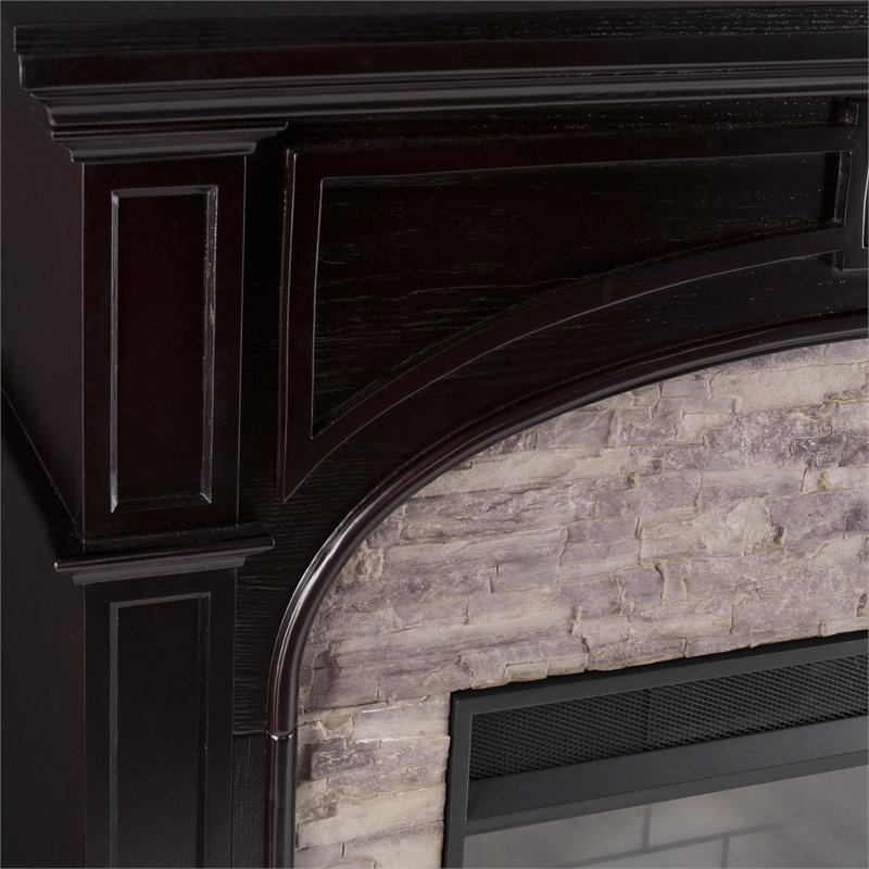 SEI Furniture Tanaya Faux Stone/Engineered Wood Smart Fireplace in Ebony Black