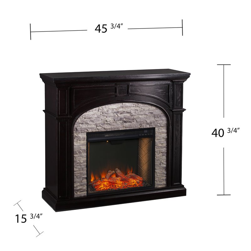 SEI Furniture Tanaya Faux Stone/Engineered Wood Smart Fireplace in Ebony Black
