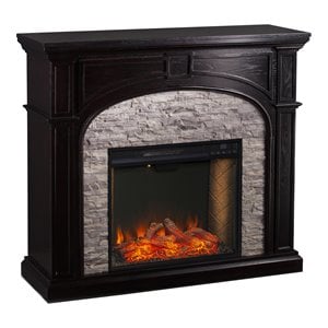 SEI Furniture Tanaya Faux Stone/Engineered Wood Smart Fireplace in Ebony Black