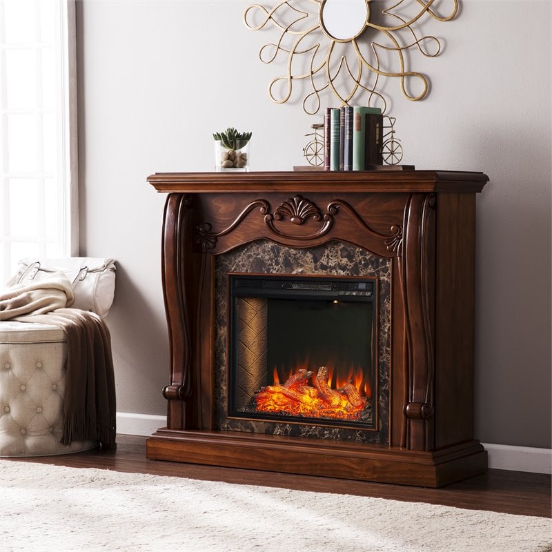 SEI Furniture Cardona Engineered Wood/Faux Marble Smart Fireplace in Walnut