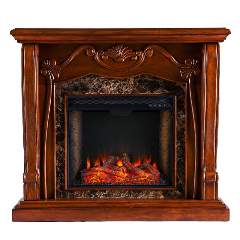 SEI Furniture Cardona Engineered Wood/Faux Marble Smart Fireplace in Walnut