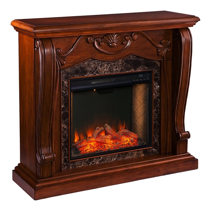 SEI Furniture Cardona Engineered Wood/Faux Marble Smart Fireplace in Walnut