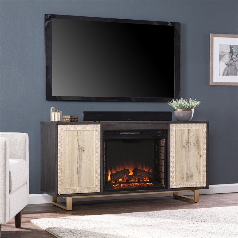 SEI Furniture Wilconia Wood TV Stand with Electric Media Fireplace in Brown/Gold