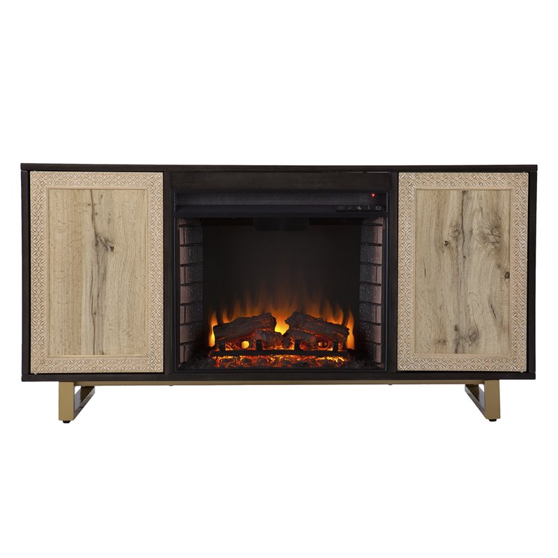 SEI Furniture Wilconia Wood TV Stand with Electric Media Fireplace in Brown/Gold