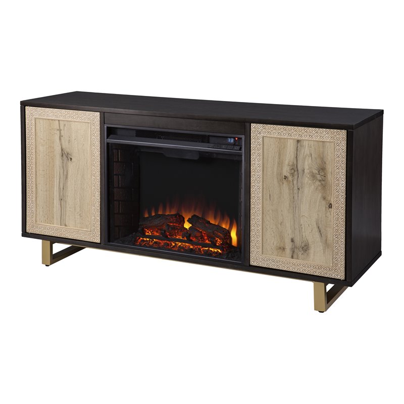 SEI Furniture Wilconia Wood TV Stand with Electric Media Fireplace in Brown/Gold