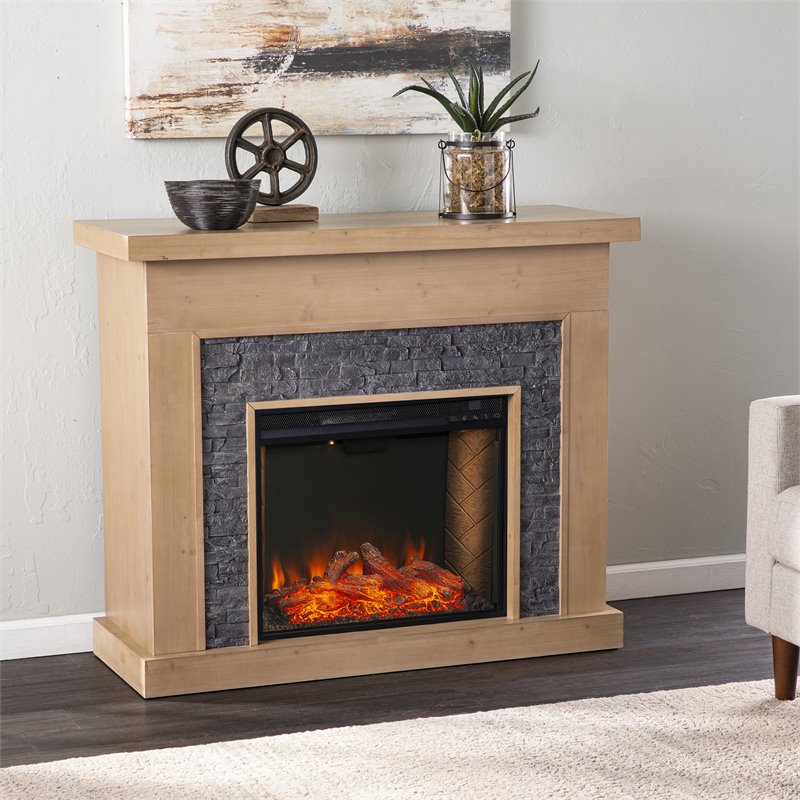 SEI Furniture Standlon Faux Stone/Engineered Wood Smart Fireplace in Natural