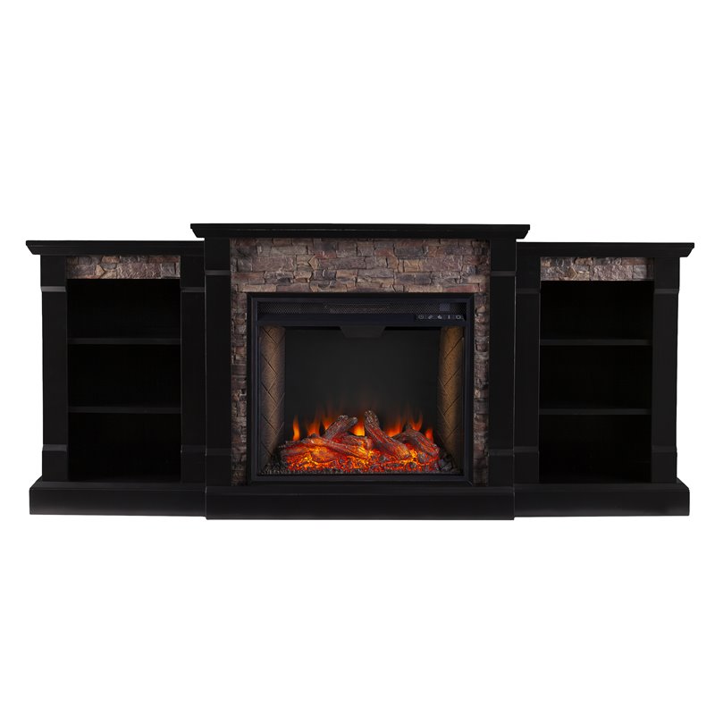 SEI Furniture Gallatin Engineered Wood Smart Fireplace with Bookcases in Black