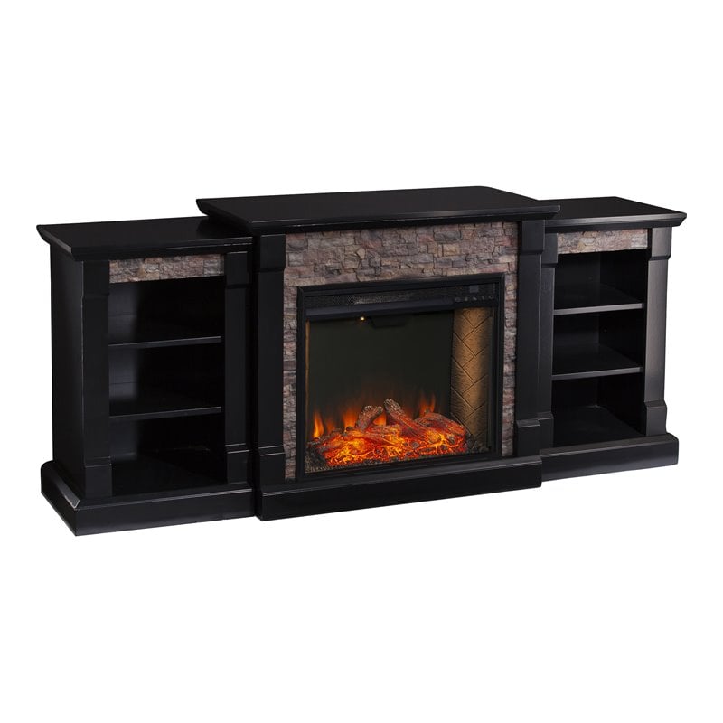 SEI Furniture Gallatin Engineered Wood Smart Fireplace with Bookcases in Black