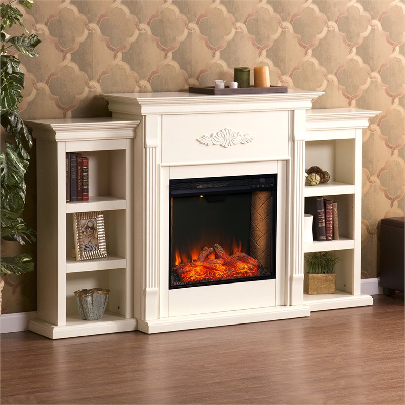 SEI Furniture Tennyson Engineered Wood Smart Bookcase Fireplace in Ivory