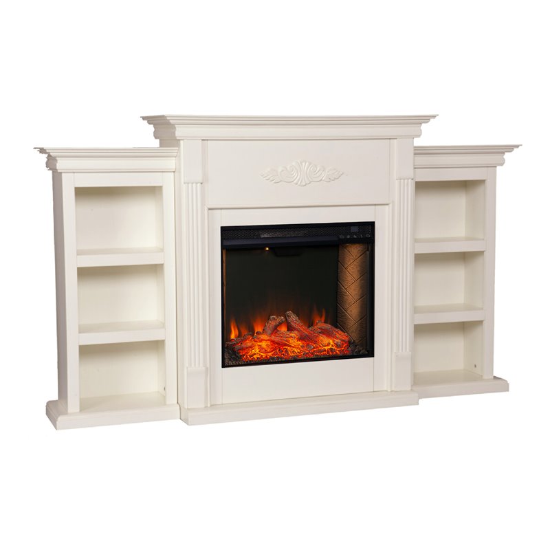 SEI Furniture Tennyson Engineered Wood Smart Bookcase Fireplace in Ivory