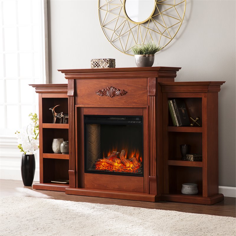 SEI Furniture Tennyson Smart Bookcase Fireplace in Mahogany
