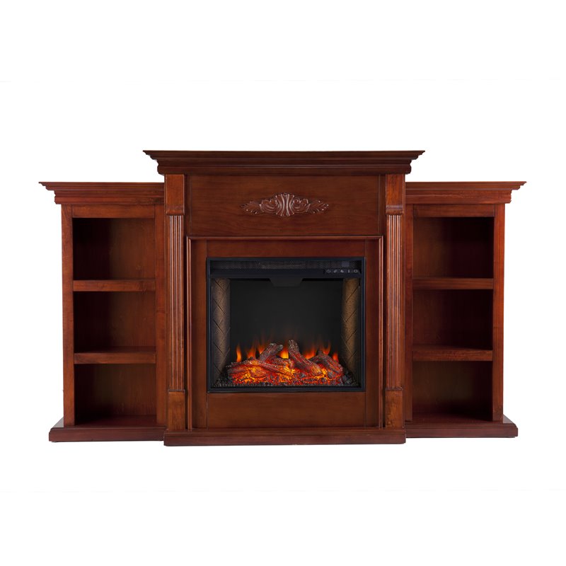 SEI Furniture Tennyson Smart Bookcase Fireplace in Mahogany