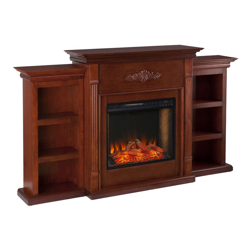 SEI Furniture Tennyson Smart Bookcase Fireplace in Mahogany