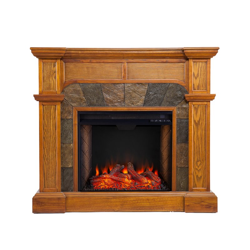 SEI Furniture Cartwright Wood Corner Convertible Smart Fireplace in Mission Oak