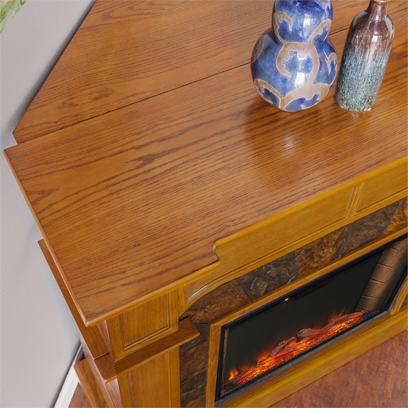SEI Furniture Cartwright Wood Corner Convertible Smart Fireplace in Mission Oak