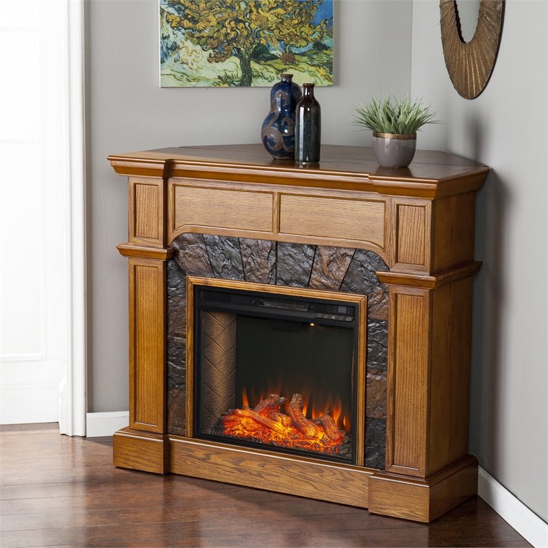 SEI Furniture Cartwright Wood Corner Convertible Smart Fireplace in Mission Oak