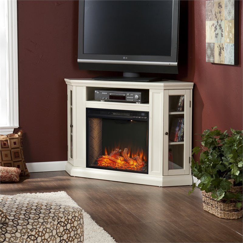 SEI Furniture Claremont Storage Engineered Wood Smart Corner Fireplace in Ivory