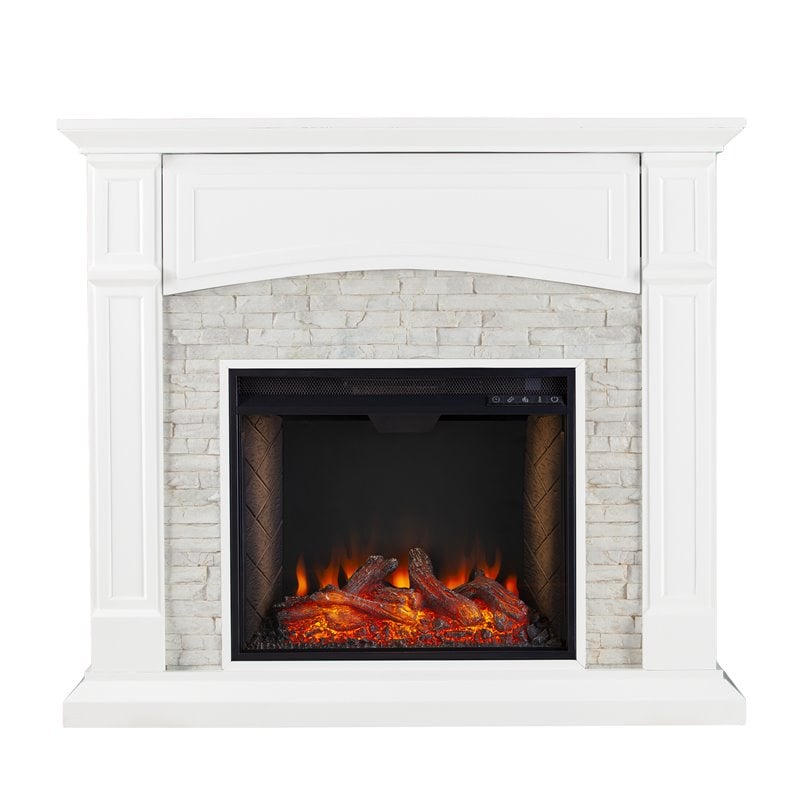 SEI Furniture Seneca Wood Smart Media Faux Stone Fireplace in Rustic Crisp White