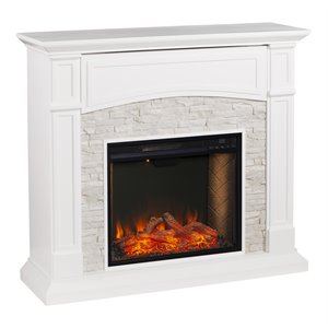 SEI Furniture Seneca Wood Smart Media Faux Stone Fireplace in Rustic Crisp White