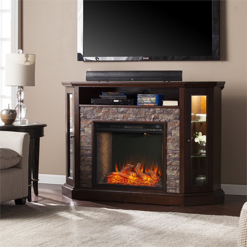 SEI Furniture Redden Storage Wood Corner Convertible Smart Fireplace in Espresso