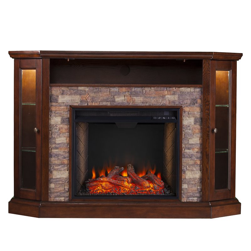 SEI Furniture Redden Storage Wood Corner Convertible Smart Fireplace in Espresso