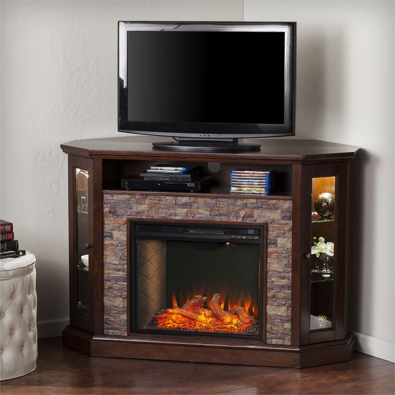SEI Furniture Redden Storage Wood Corner Convertible Smart Fireplace in Espresso