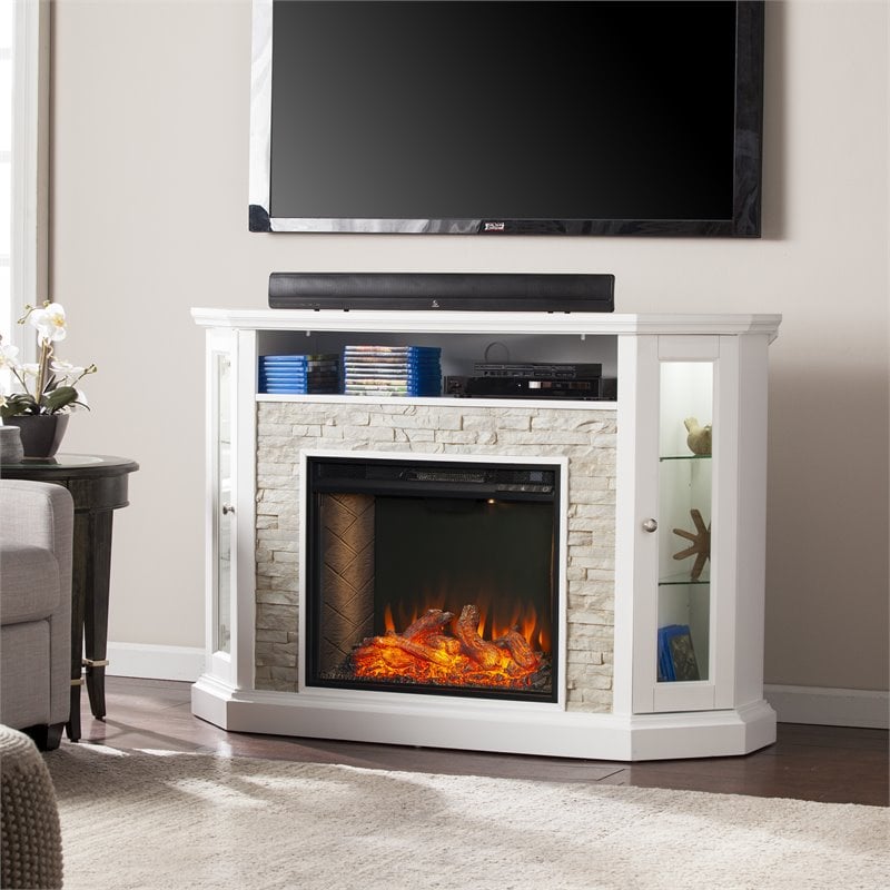 SEI Furniture Redden Storage Wood Corner Convertible Smart Fireplace in White
