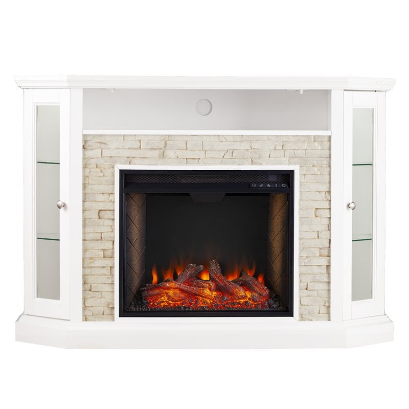 SEI Furniture Redden Storage Wood Corner Convertible Smart Fireplace in White
