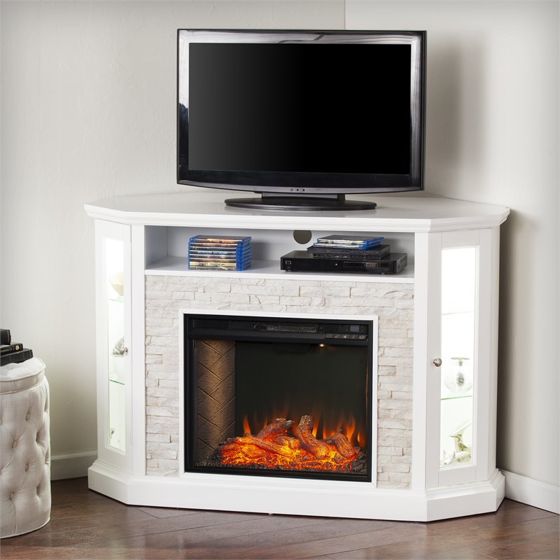 SEI Furniture Redden Storage Wood Corner Convertible Smart Fireplace in White