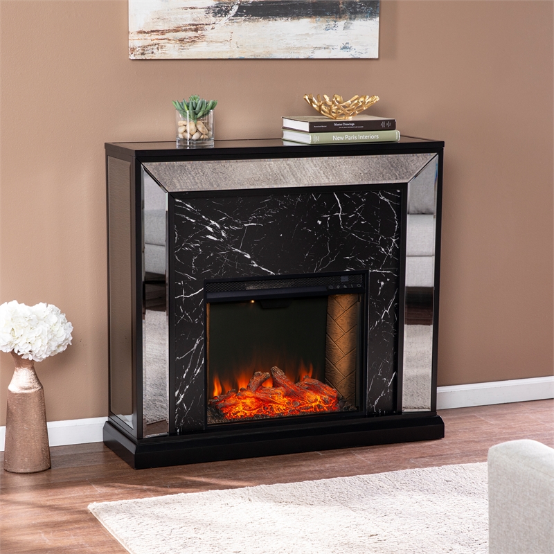 SEI Furniture Trandling Mirrored Faux Marble Wood Fireplace in Black/Silver