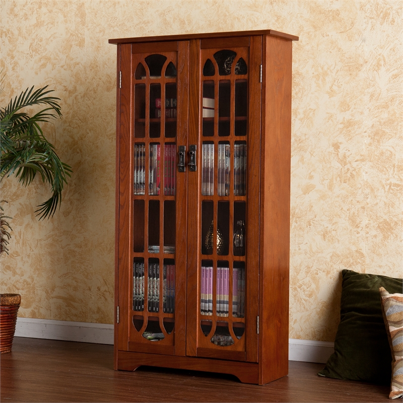 Southern Enterprises Window-Pane Wood Glass Double-Door Media Cabinet in Brown