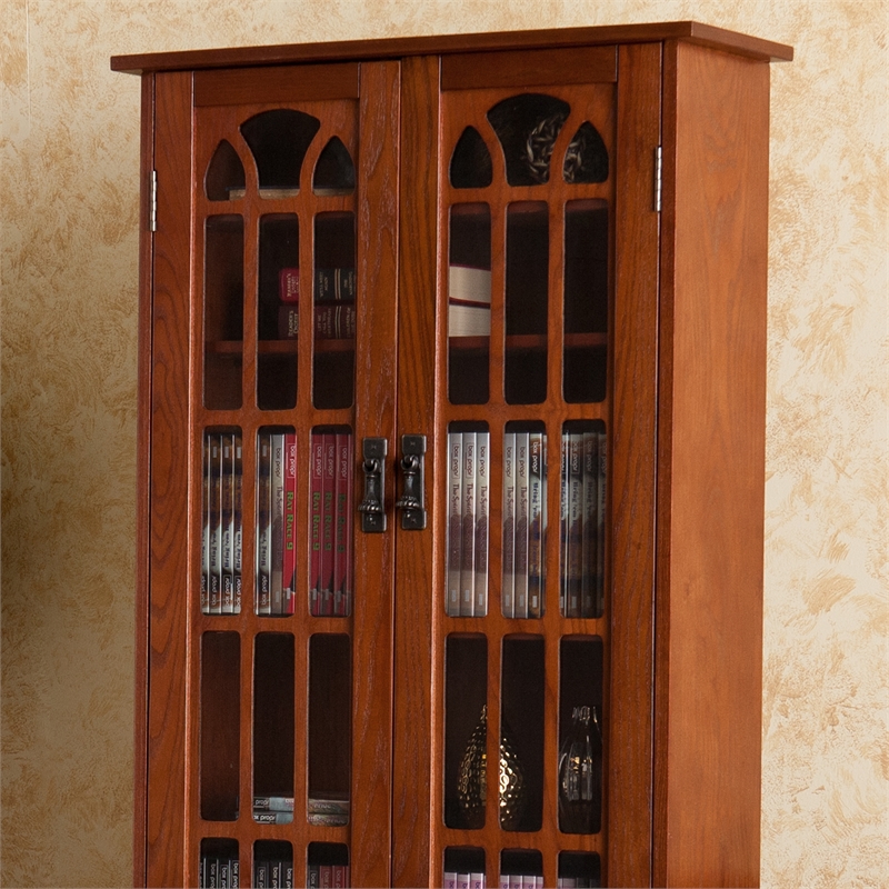 Southern Enterprises Window-Pane Wood Glass Double-Door Media Cabinet in Brown