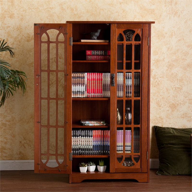 Southern Enterprises Window-Pane Wood Glass Double-Door Media Cabinet in Brown