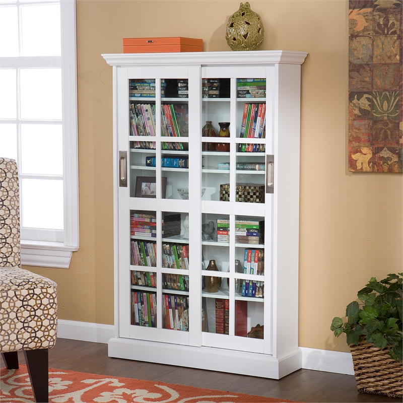 Southern Enterprises Sliding-Door Wood Glass Window-Pane Media Cabinet in White