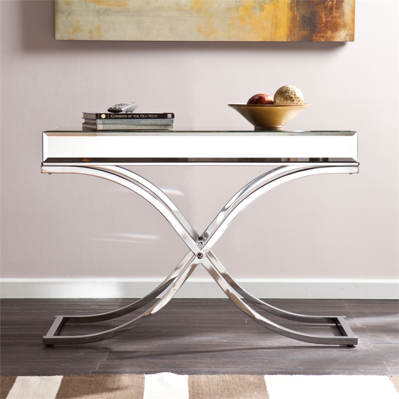 Southern Enterprises Ava Mirrored Metal Console Table in Silver