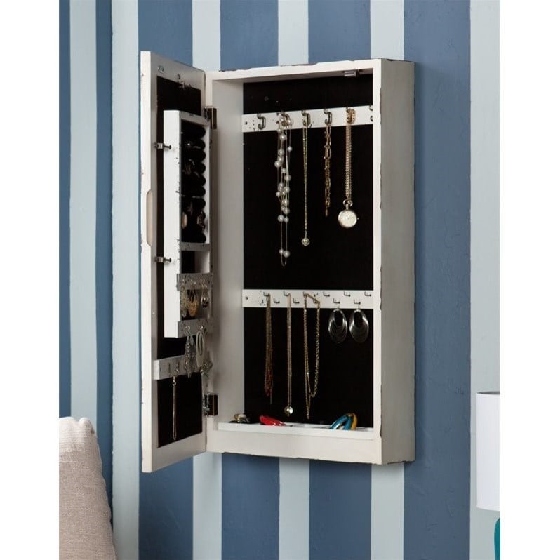 SEI Furniture Wall Mount Jewelry Armoire in Antique White