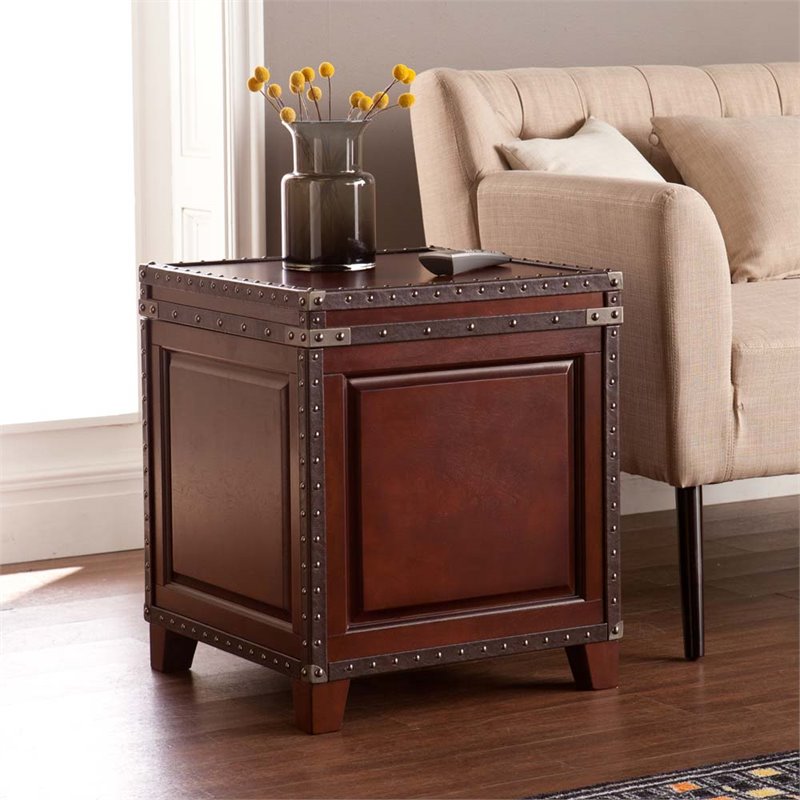 SEI Furniture Amherst Storage Trunk End Table in Dark Cherry