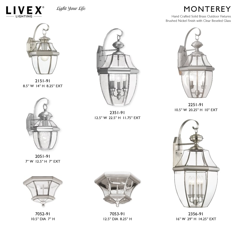 Livex Lighting Monterey 1-Light 60W Brass Outdoor Wall Lantern in Brushed Nickel