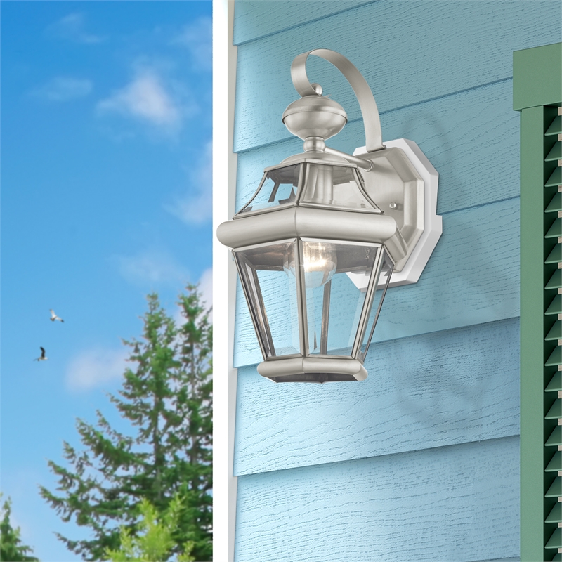 Livex Lighting Georgetown 1-Light Brass Outdoor Wall Lantern in Brushed Nickel