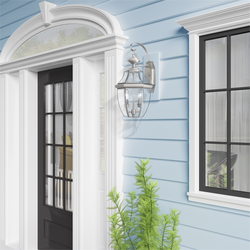 Livex Lighting Monterey 2-Light Brass Outdoor Wall Lantern in Brushed Nickel