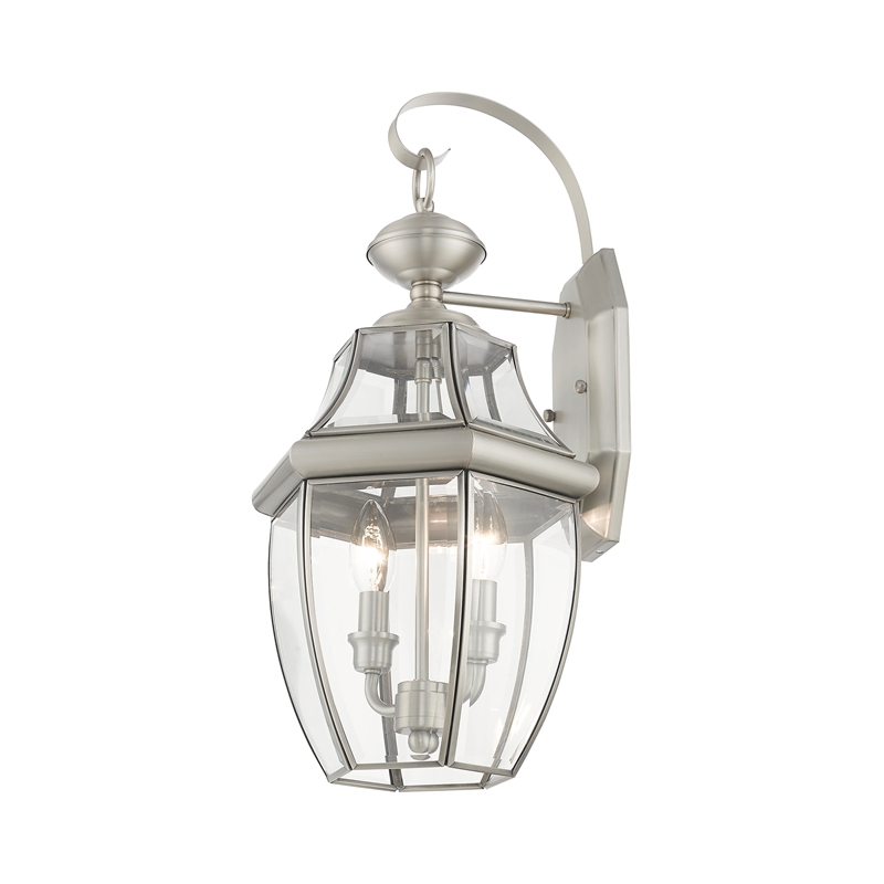 Livex Lighting Monterey 2-Light Brass Outdoor Wall Lantern in Brushed Nickel