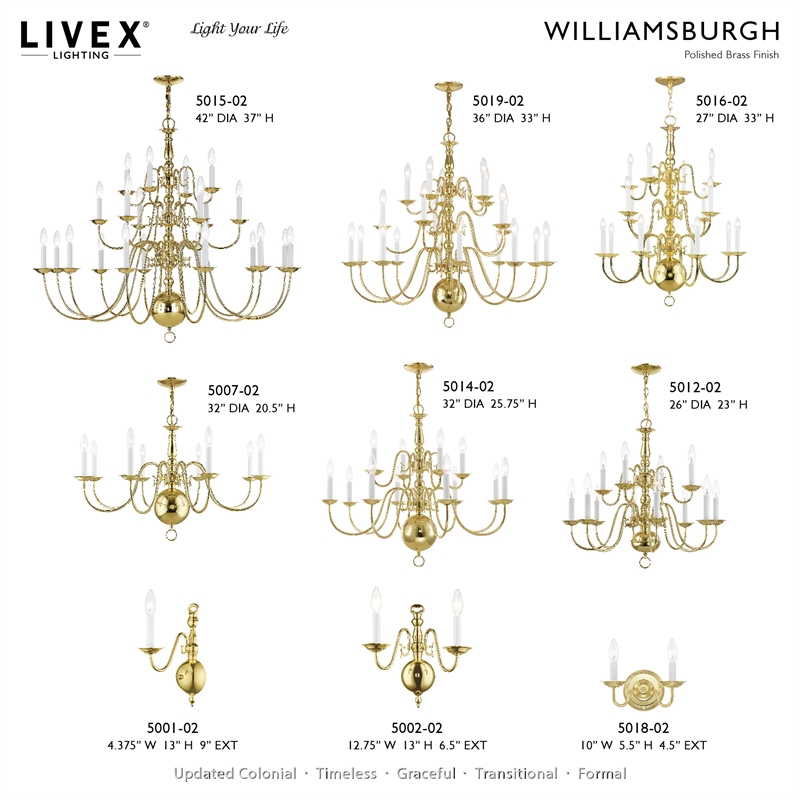 Livex Lighting Williamsburgh 12-Light Metal Chandelier in Polished Brass